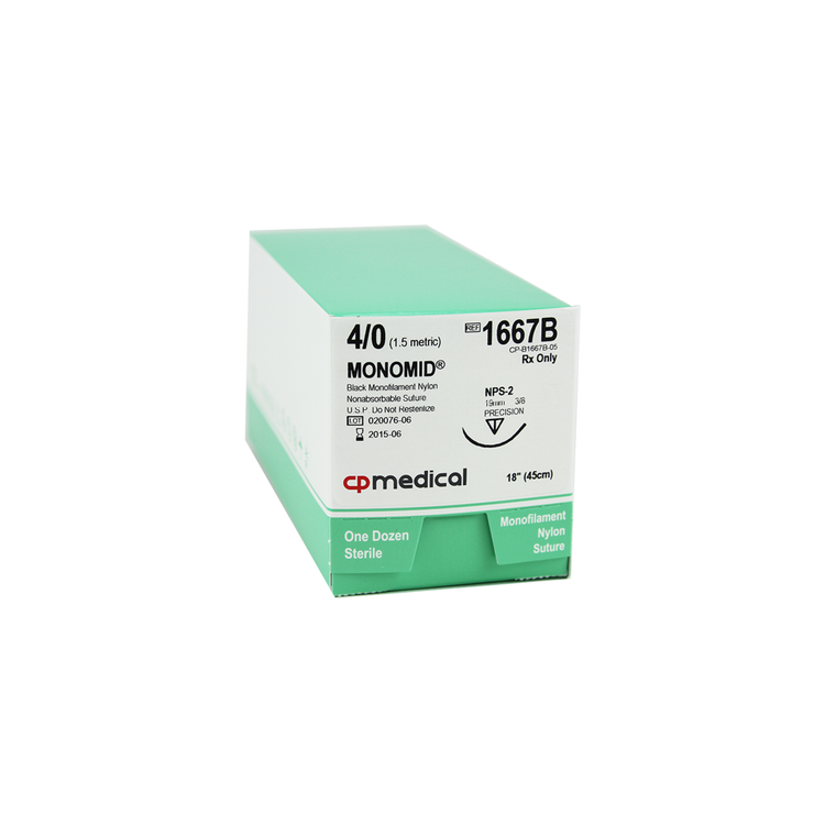 CP Medical 1667B Nylon, Monofilament, 4-0, Non-Absorbable Suture, PS-2, Black, 18"