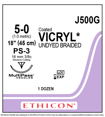 Ethicon 5-0, COATED VICRYL® (polyglactin 910) Absorbable Suture, PS-3, Reverse Cutting Edge Prime, Undyed, 18", (45cm) | J500G
