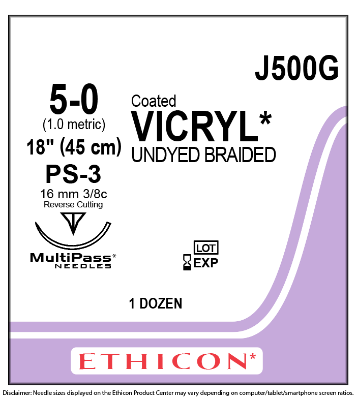 Ethicon 5-0, COATED VICRYL® (polyglactin 910) Absorbable Suture, PS-3, Reverse Cutting Edge Prime, Undyed, 18", (45cm) | J500G