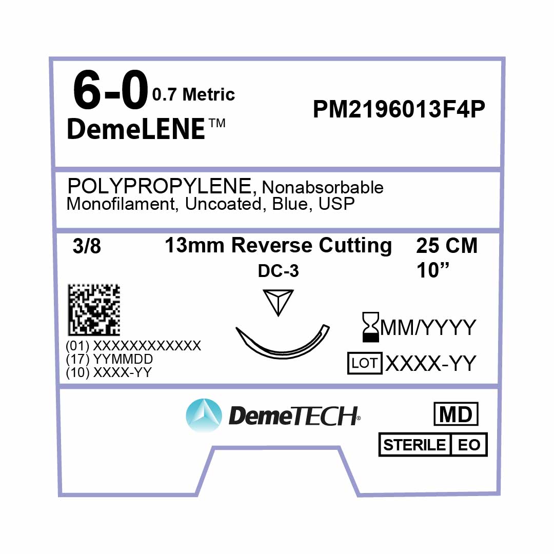 DemeTECH Polypropylene, 6-0, 10", DC-3 Non-Absorbable Suture, Reverse Cutting, Blue 12/Box