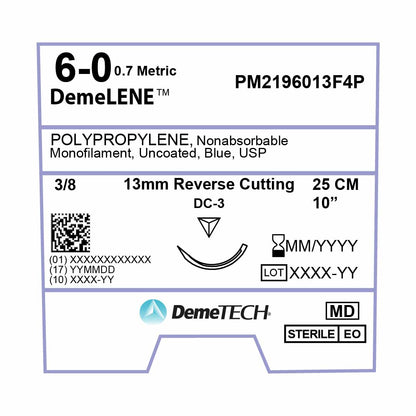 DemeTECH Polypropylene, 6-0, 10", DC-3 Non-Absorbable Suture, Reverse Cutting, Blue 12/Box