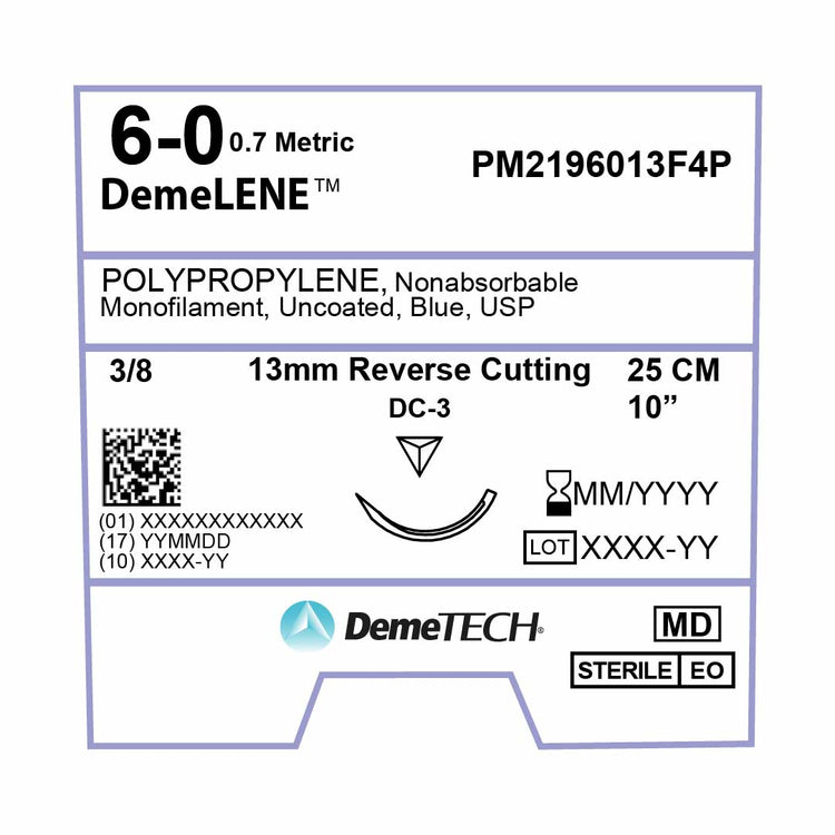 DemeTECH Polypropylene, 6-0, 10", DC-3 Non-Absorbable Suture, Reverse Cutting, Blue 12/Box