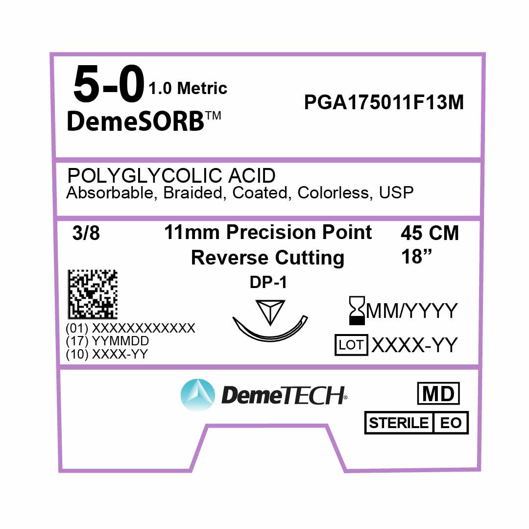 DemeTECH Polyglycolic Acid (PGA), 5-0, 18", DP-1 Synthetic Absorbable Suture, Precision Point Reverse Cutting, Undyed 12/Box
