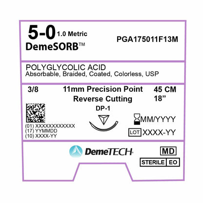 DemeTECH Polyglycolic Acid (PGA), 5-0, 18", DP-1 Synthetic Absorbable Suture, Precision Point Reverse Cutting, Undyed 12/Box