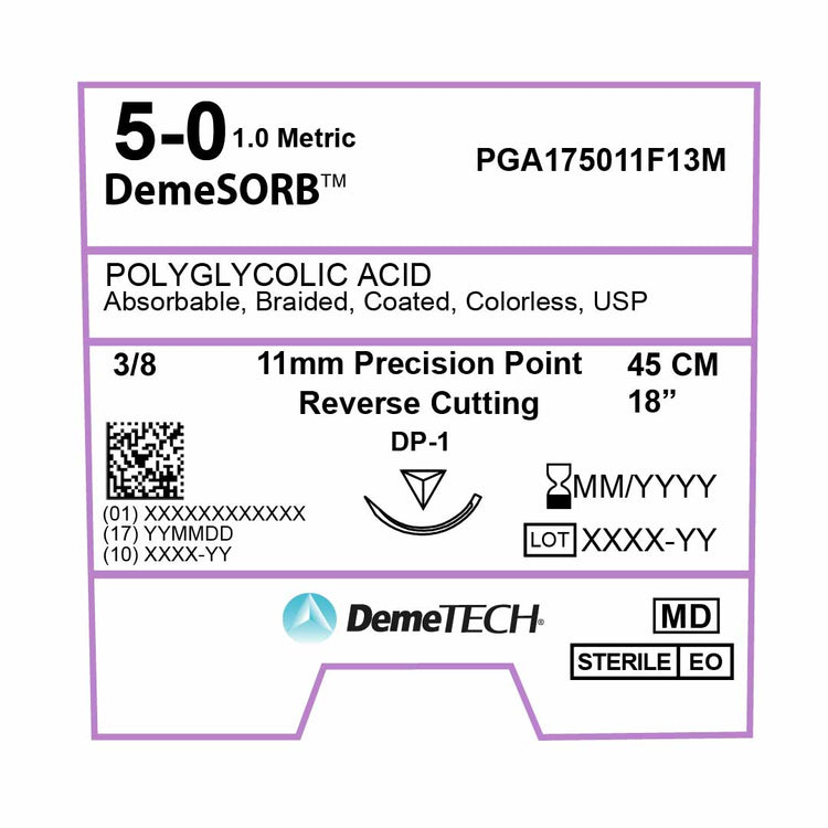 DemeTECH Polyglycolic Acid (PGA), 5-0, 18", DP-1 Synthetic Absorbable Suture, Precision Point Reverse Cutting, Undyed 12/Box