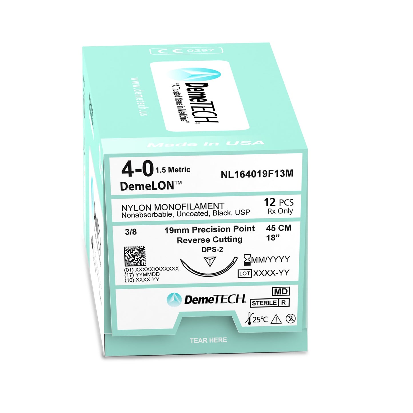 DemeTECH 18” Nylon Monofilament 4-0 Non-Absorbable DPS-2 Black Suture