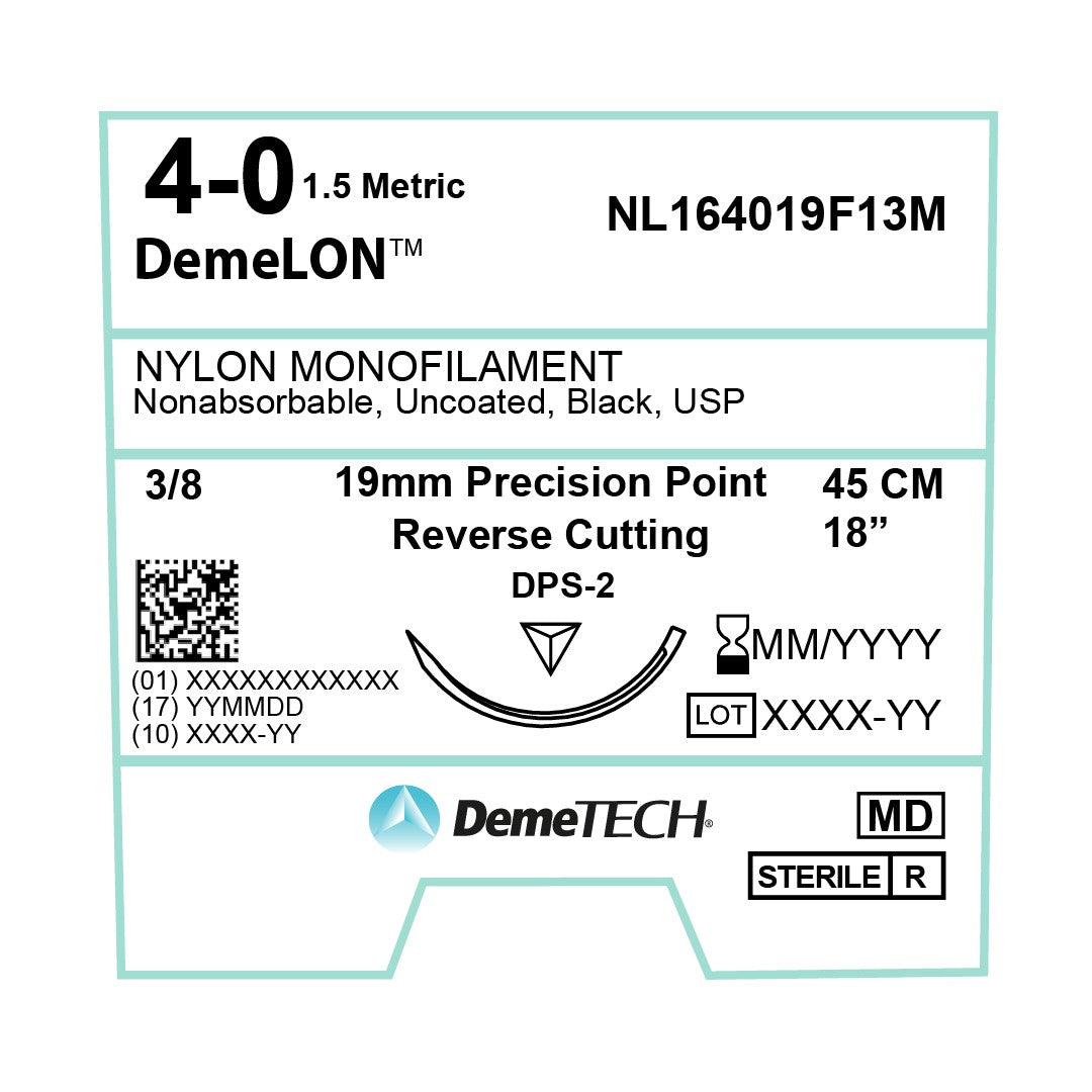 DemeTECH 18” Nylon Monofilament 4-0 Non-Absorbable DPS-2 Black Suture