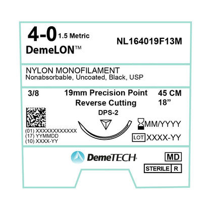 DemeTECH 18” Nylon Monofilament 4-0 Non-Absorbable DPS-2 Black Suture