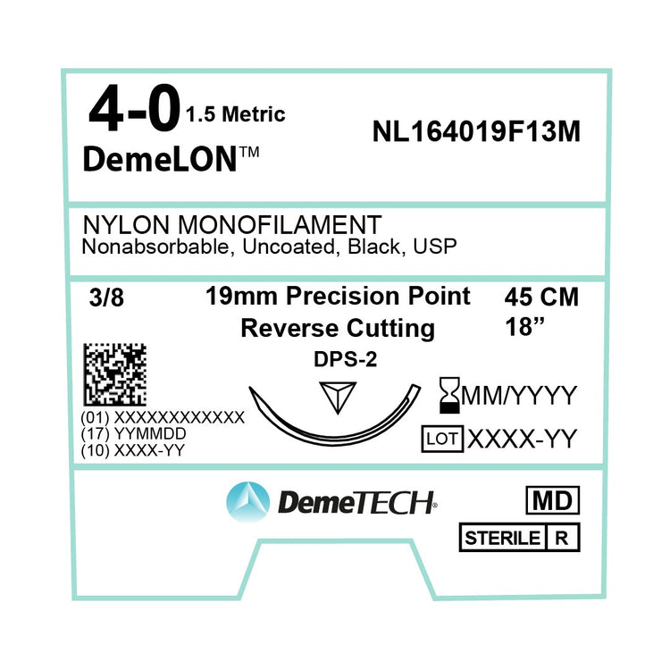 DemeTECH 18” Nylon Monofilament 4-0 Non-Absorbable DPS-2 Black Suture