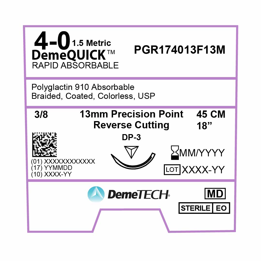 DemeTECH Rapid Absorbable, 4-0, 18", DP-3 Rapid Absorbable Suture, Precision Point Reverse Cutting, Undyed 12/Box