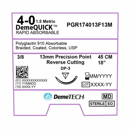 DemeTECH Rapid Absorbable, 4-0, 18", DP-3 Rapid Absorbable Suture, Precision Point Reverse Cutting, Undyed 12/Box