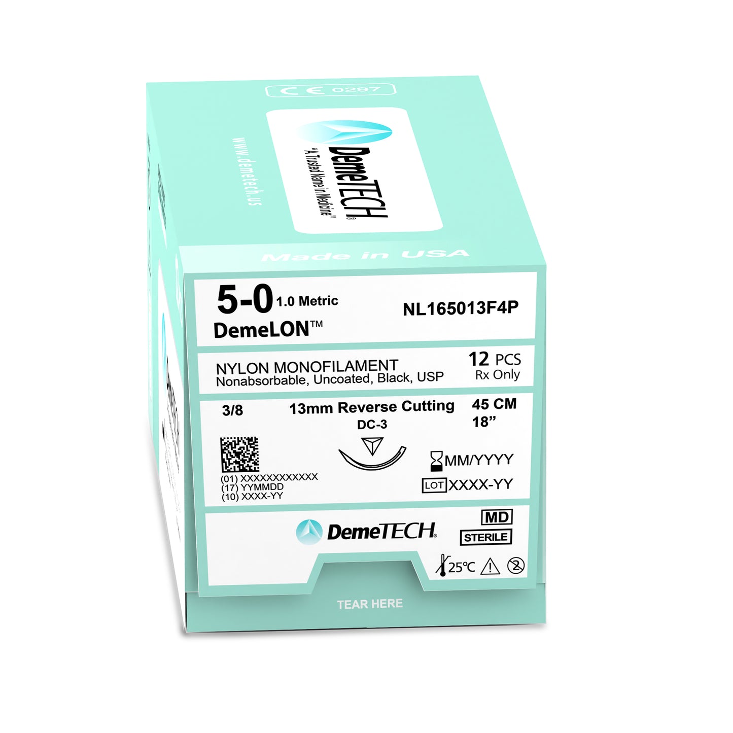 DemeTECH Nylon Monofilament, 45 cm, Black, 5/0 USP, 13 mm, 3/8 Circle, Reverse Cutting