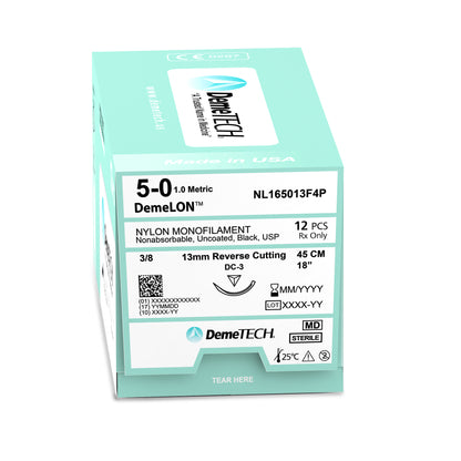 DemeTECH Nylon Monofilament, 45 cm, Black, 5/0 USP, 13 mm, 3/8 Circle, Reverse Cutting