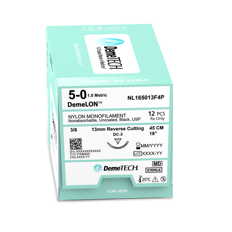 DemeTECH Nylon Monofilament, 45 cm, Black, 5/0 USP, 13 mm, 3/8 Circle, Reverse Cutting