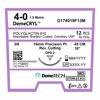 DemeTECH Polyglactin 910, 4-0, 18", DPS-2 Synthetic Absorbable Suture, Braided, Precision Point Reverse Cutting, Undyed 12/Box
