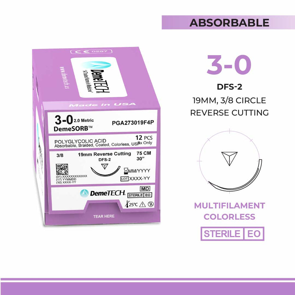 DemeTECH Polyglycolic Acid (PGA), 3-0, 30", DFS-2 Synthetic Absorbable Suture, Precision Point Reverse Cutting, Undyed 12/Box