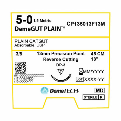 DemeTECH Plain Gut, 5-0, 18", DP-3 Absorbable Suture, Reverse Cutting, Beige 12/Box