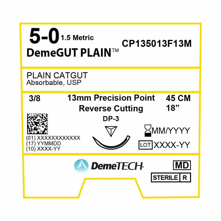 DemeTECH Plain Gut, 5-0, 18", DP-3 Absorbable Suture, Reverse Cutting, Beige 12/Box