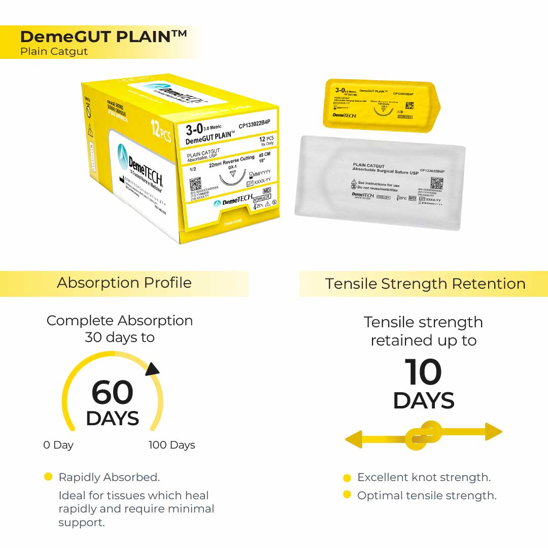 DemeTECH Plain Gut, 3-0, 30", DFS-2 Absorbable Suture, Reverse Cutting, Beige 12/Box