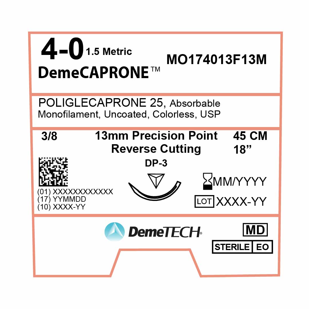 DemeTECH Poliglecaprone 25` (PGCL), 4-0, 18", DP-3 Absorbable Suture, Reverse Cutting, Undyed 12/Box