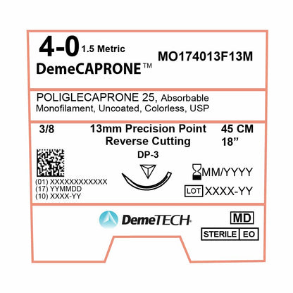 DemeTECH Poliglecaprone 25` (PGCL), 4-0, 18", DP-3 Absorbable Suture, Reverse Cutting, Undyed 12/Box