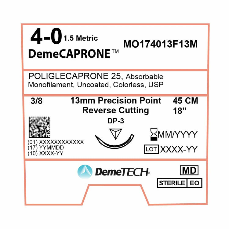 DemeTECH Poliglecaprone 25` (PGCL), 4-0, 18", DP-3 Absorbable Suture, Reverse Cutting, Undyed 12/Box