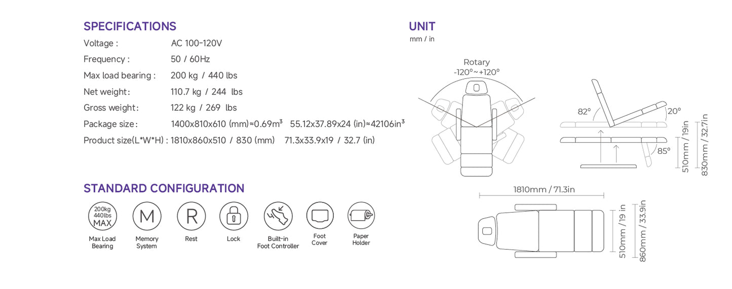 Silverfox Swivel Facial Bed with Handheld Remote and Foot Controls
