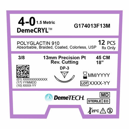 DemeTECH Polyglactin 910, 4-0, 18", DP-3 Synthetic Absorbable Suture, Braided, Precision Point Reverse Cutting, Undyed 12/Box