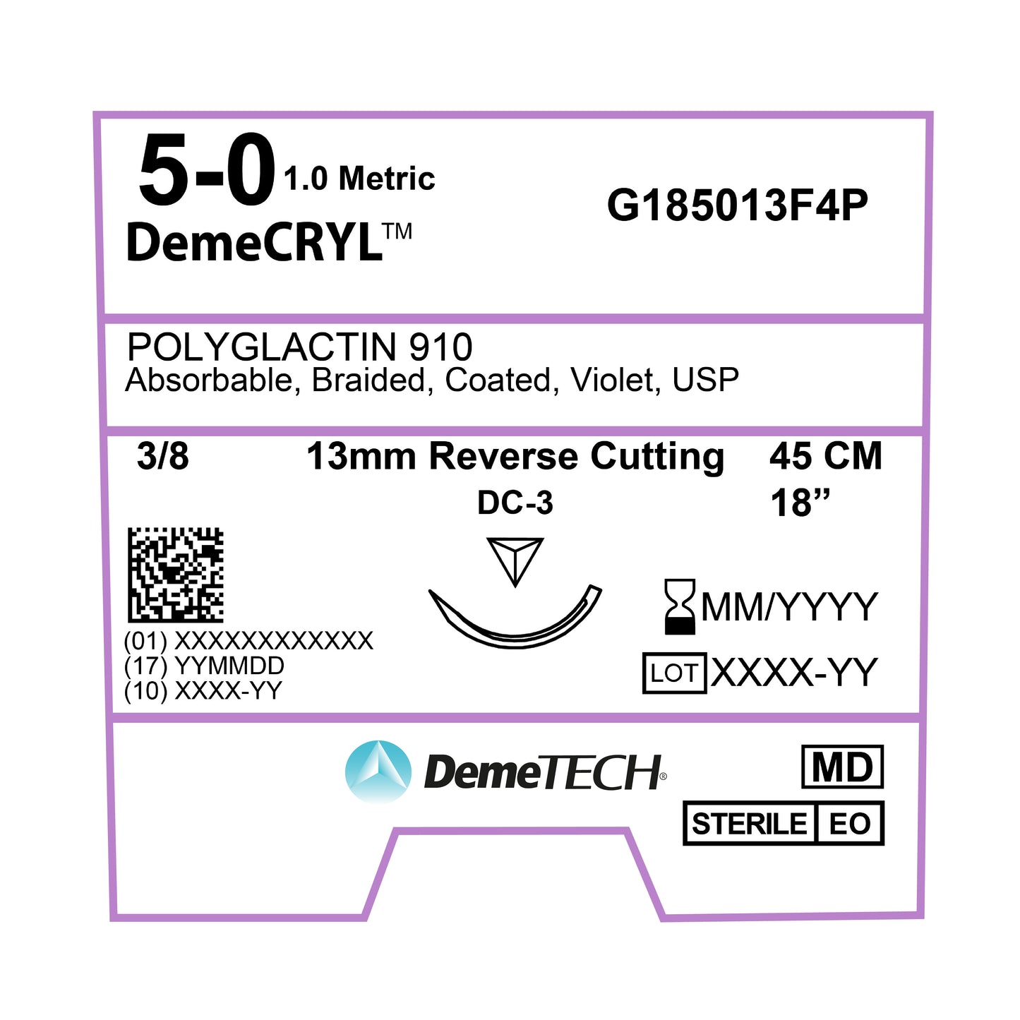 DemeTECH Polyglactin 910, 5-0, 18", DC-3 Synthetic Absorbable Suture, Reverse Cutting, Violet 12/Box