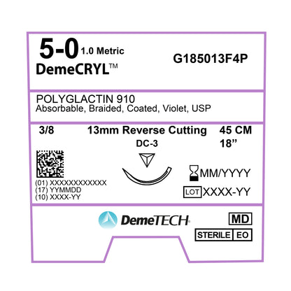 DemeTECH Polyglactin 910, 5-0, 18", DC-3 Synthetic Absorbable Suture, Reverse Cutting, Violet 12/Box