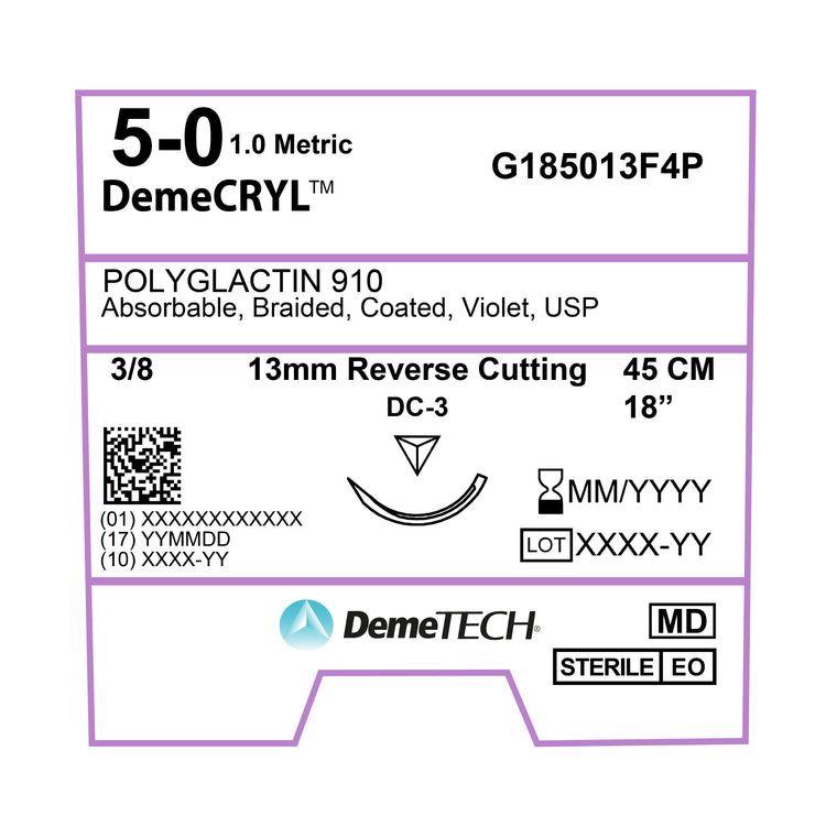 DemeTECH Polyglactin 910, 5-0, 18", DC-3 Synthetic Absorbable Suture, Reverse Cutting, Violet 12/Box