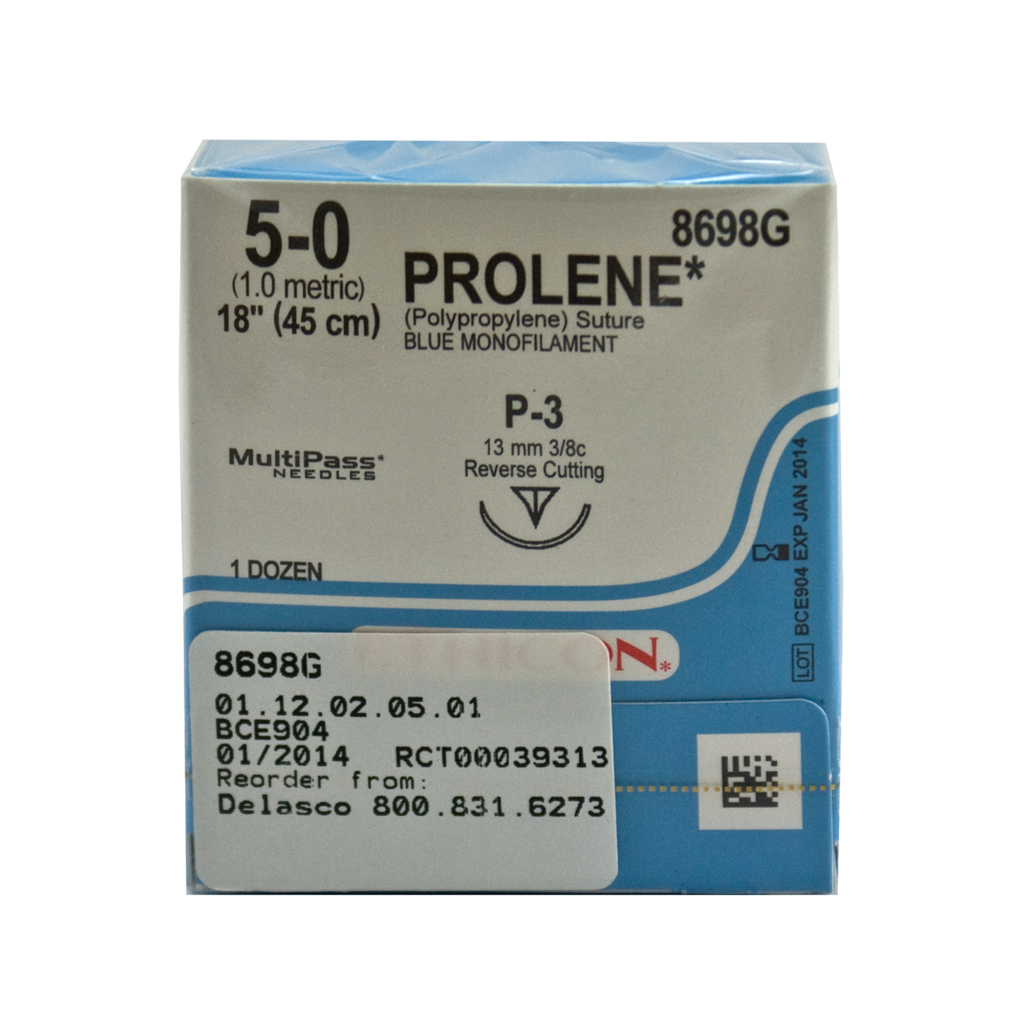 Ethicon 8698G Prolene Polypropylene Suture, Monofilament, 5-0, Non-Absorbable, P-3, Blue, 18"