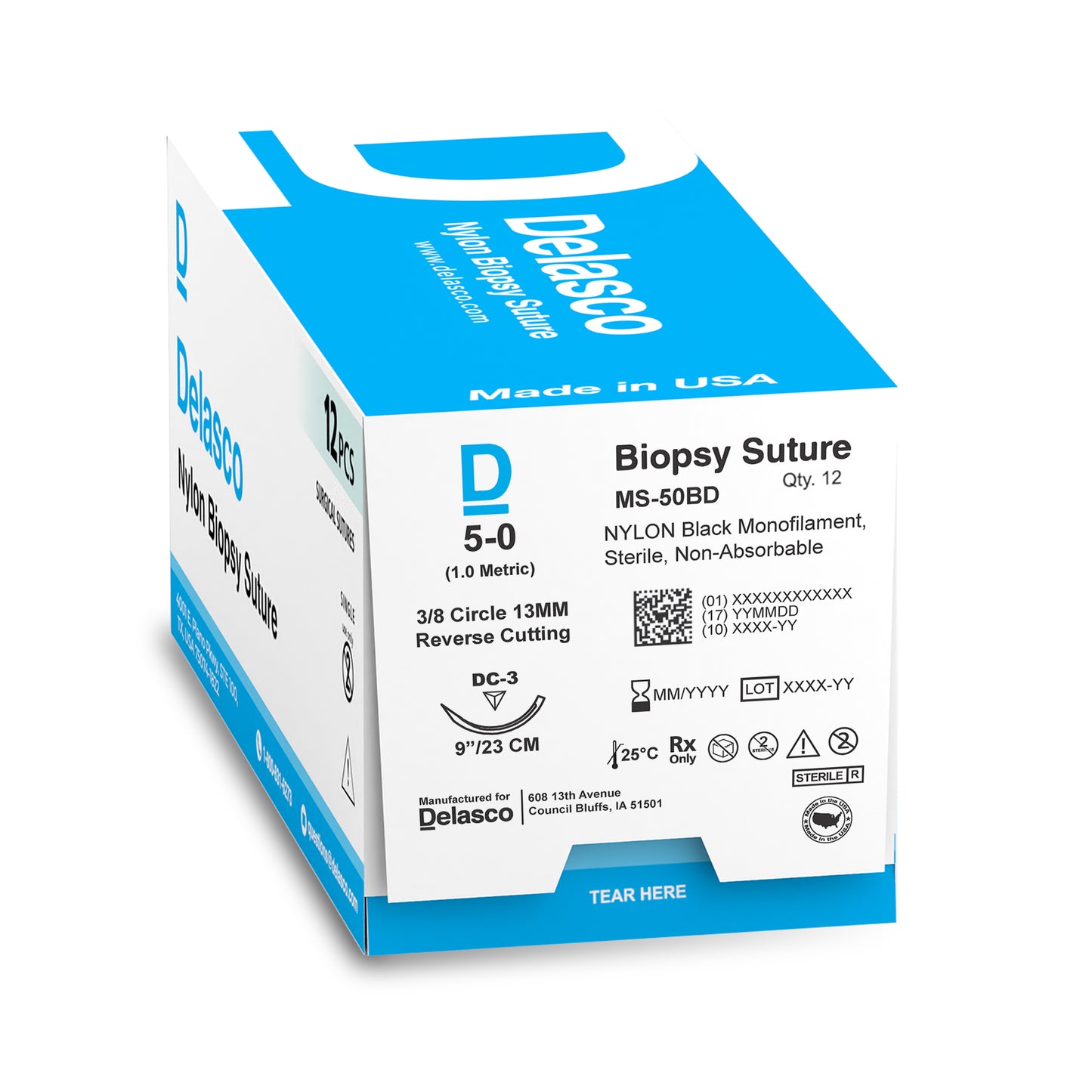 Delasco MS-50BD Nylon Biopsy Suture, Monofilament, 5-0, Non-Absorbable, C-3, Black, 9"