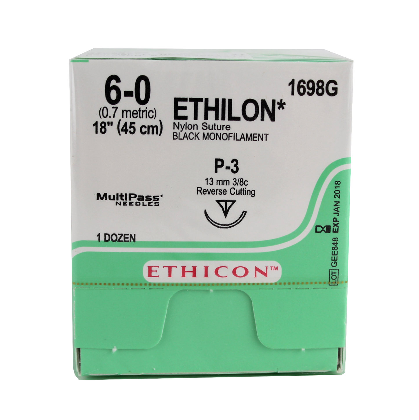 Ethicon 1698G Ethilon Nylon Suture, Monofilament, 6-0, Non-Absorbable, P-3, Black, 18"