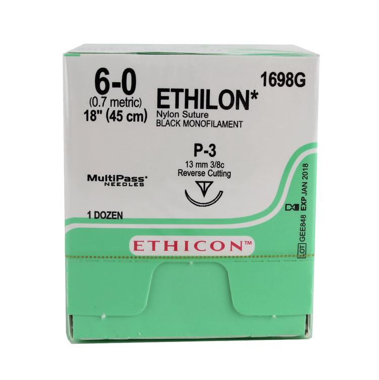 Ethicon 1698G Ethilon Nylon Suture, Monofilament, 6-0, Non-Absorbable, P-3, Black, 18"