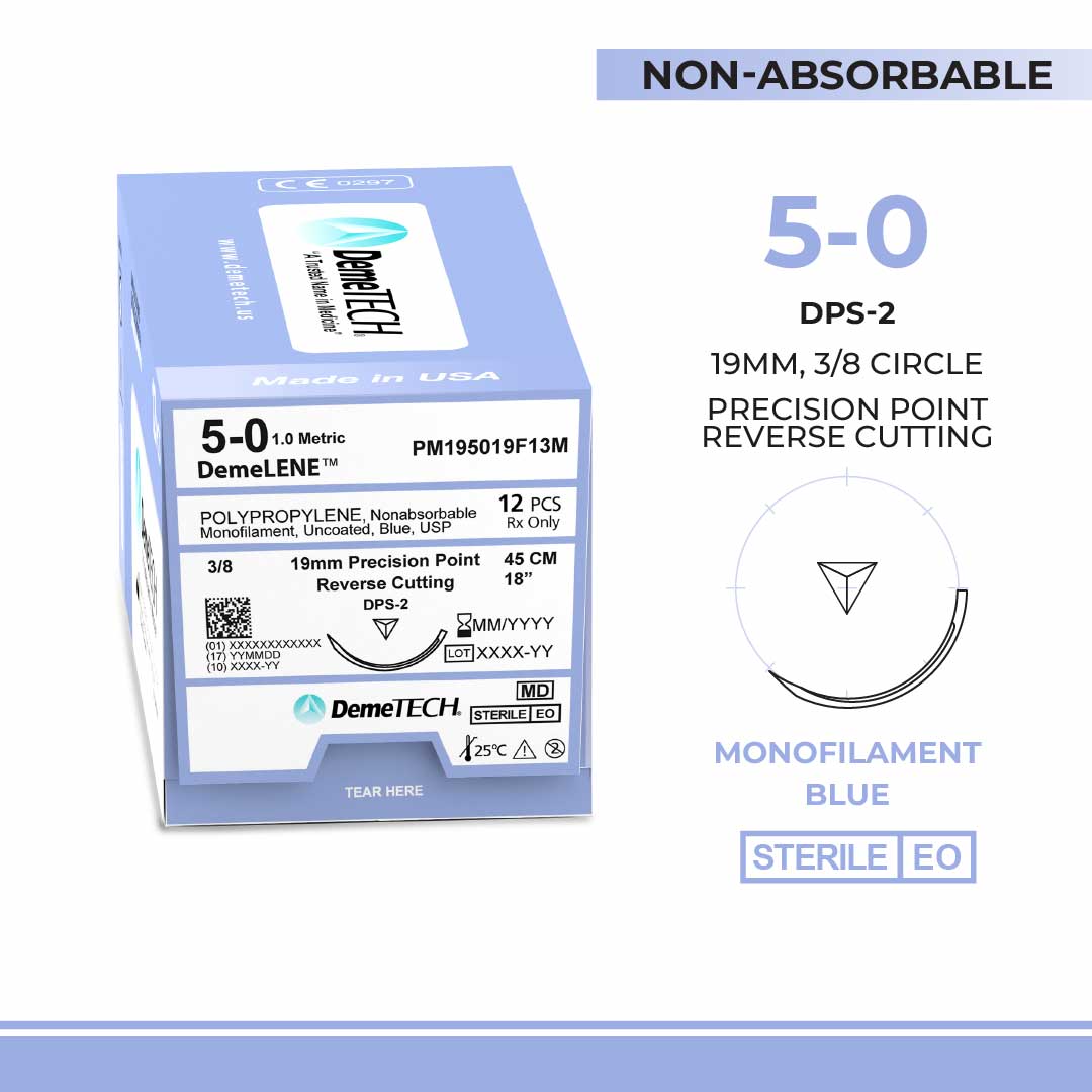 DemeTECH Polypropylene, 5-0, 18", DPS-2 Non-Absorbable Suture, Precision Point Reverse Cutting, Blue 12/Box