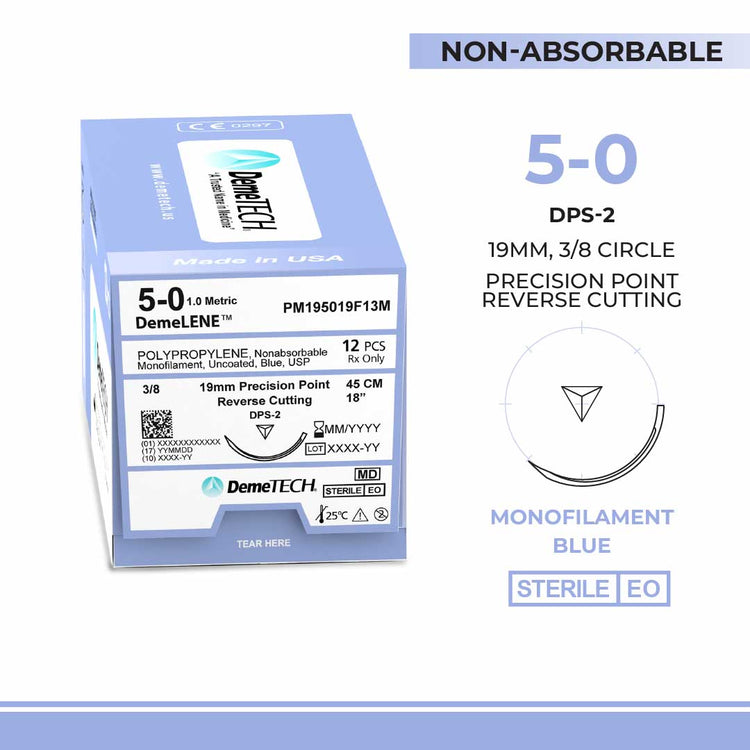 DemeTECH Polypropylene, 5-0, 18", DPS-2 Non-Absorbable Suture, Precision Point Reverse Cutting, Blue 12/Box
