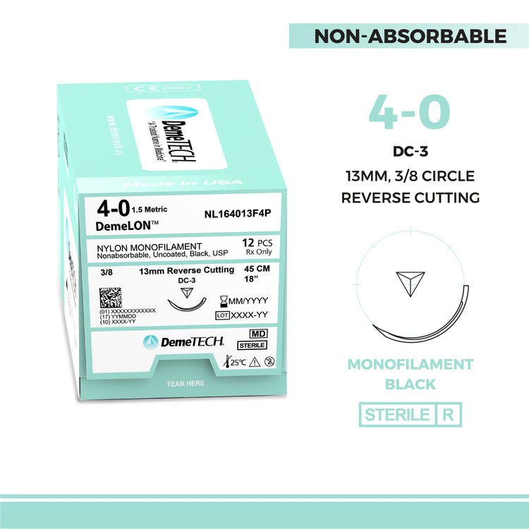 DemeTECH Nylon Monofilament, 45 cm, Black, 4/0 USP, 13 mm, 3/8 Circle, Reverse Cutting