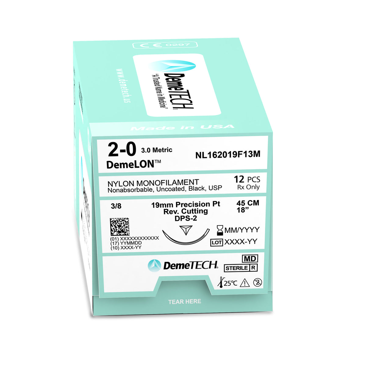 DemeTECH 18" Nylon Monofilament 2-0 Non-Absorbable DPS-2 Black Suture 12/Box