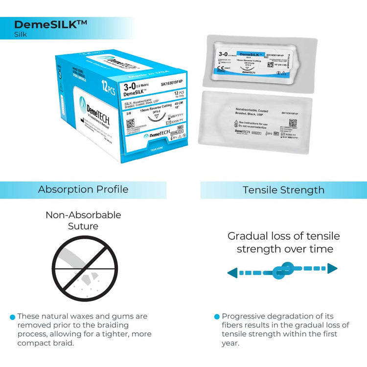DemeTECH Silk, 5-0, 18", DP-3 Non-Absorbable Suture, Precision Point Reverse Cutting, Black 12/Box
