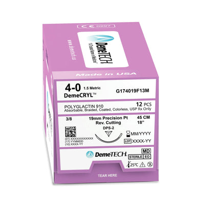 DemeTECH Polyglactin 910, 4-0, 18", DPS-2 Synthetic Absorbable Suture, Braided, Precision Point Reverse Cutting, Undyed 12/Box