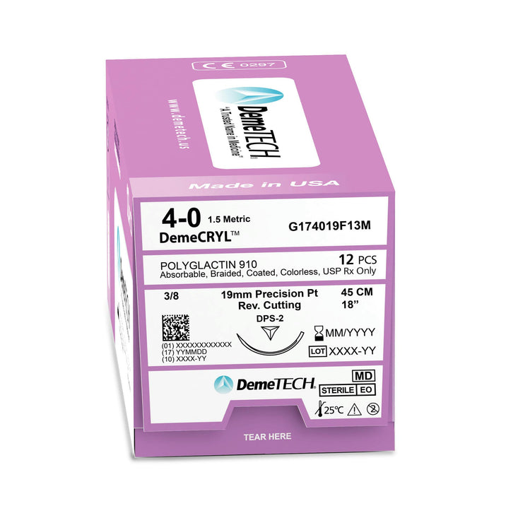 DemeTECH Polyglactin 910, 4-0, 18", DPS-2 Synthetic Absorbable Suture, Braided, Precision Point Reverse Cutting, Undyed 12/Box