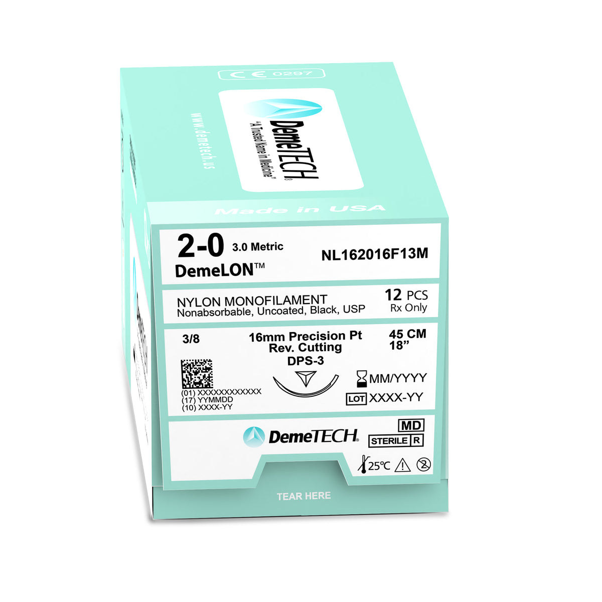 DemeTECH 18" Nylon Monofilament 2-0 Non-Absorbable DPS-3 Black Suture 12/Box