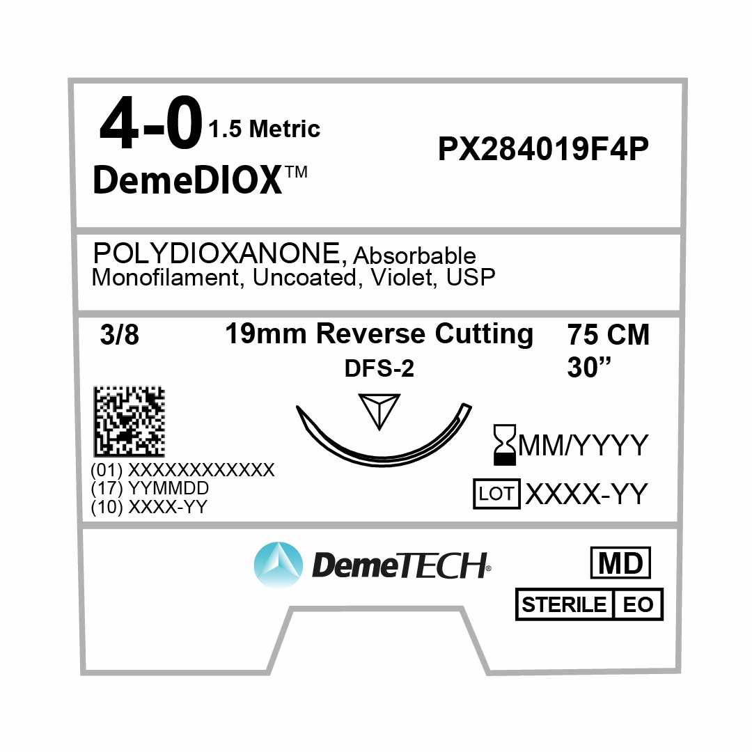 DemeTECH Polydioxanone (PX), 4-0, 30", DFS-2 Synthetic Absorbable Suture, Precision Point Reverse Cutting, Violet 12/Box