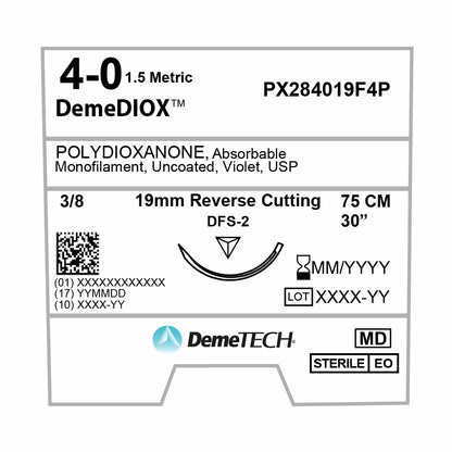DemeTECH Polydioxanone (PX), 4-0, 30", DFS-2 Synthetic Absorbable Suture, Precision Point Reverse Cutting, Violet 12/Box