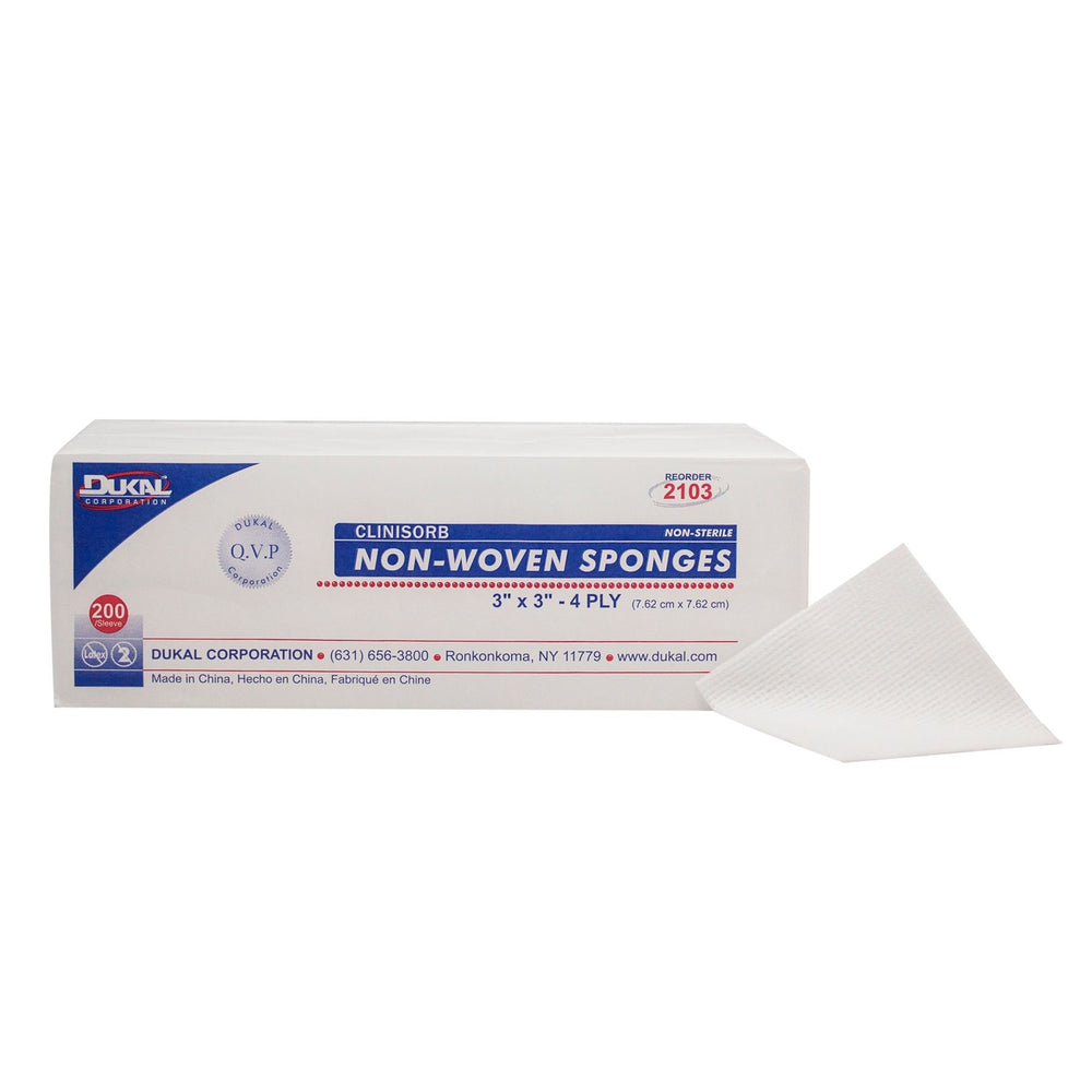 Dukal 2103 Clinisorb Non-Woven Gauze Sponges, 3" x 3", Non-Sterile, 4-Ply, 200/Sleeve