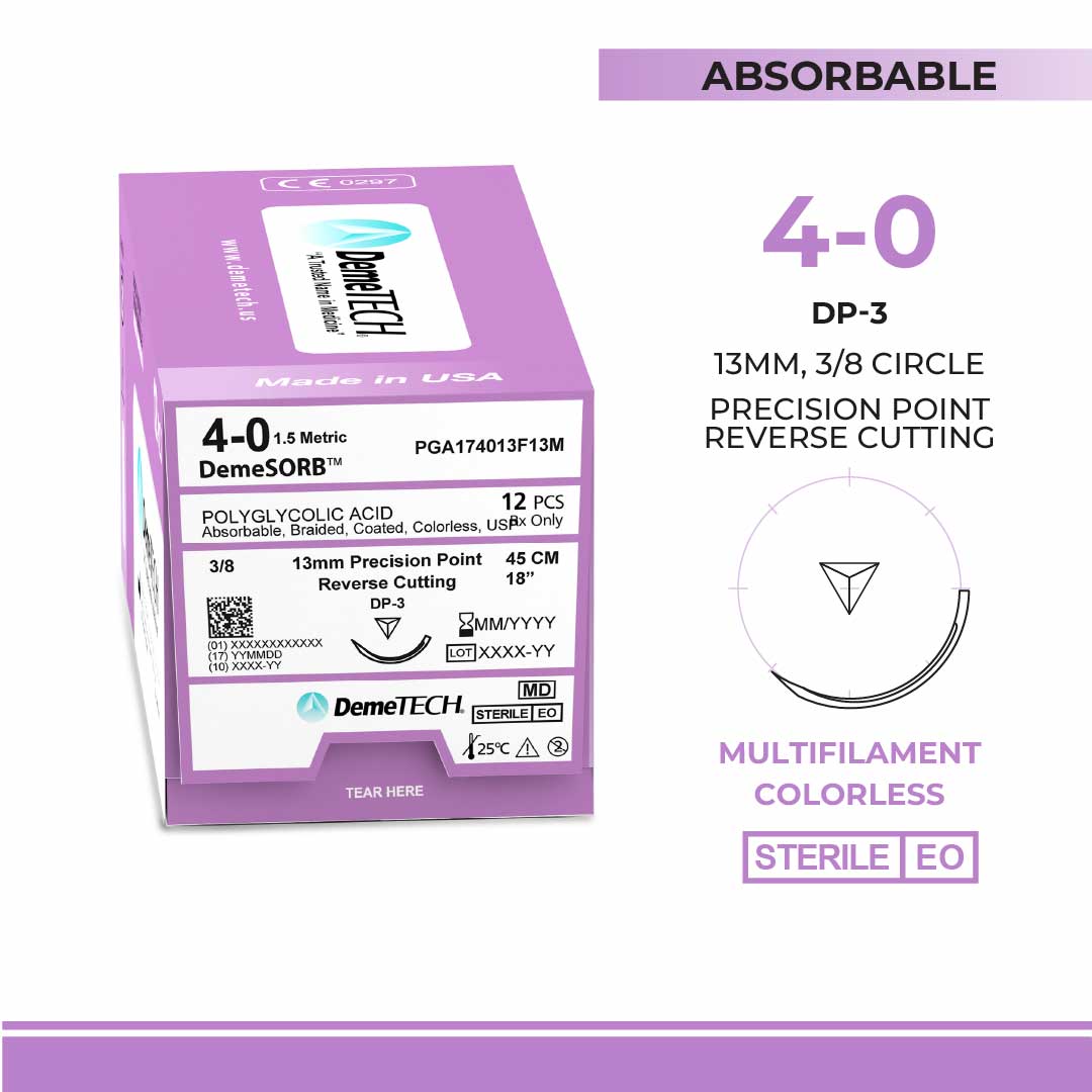 DemeTECH Polyglycolic Acid (PGA), 4-0, 18", DP-3 Synthetic Absorbable Suture, Braided, Precision Point Reverse Cutting, Undyed 12/Box