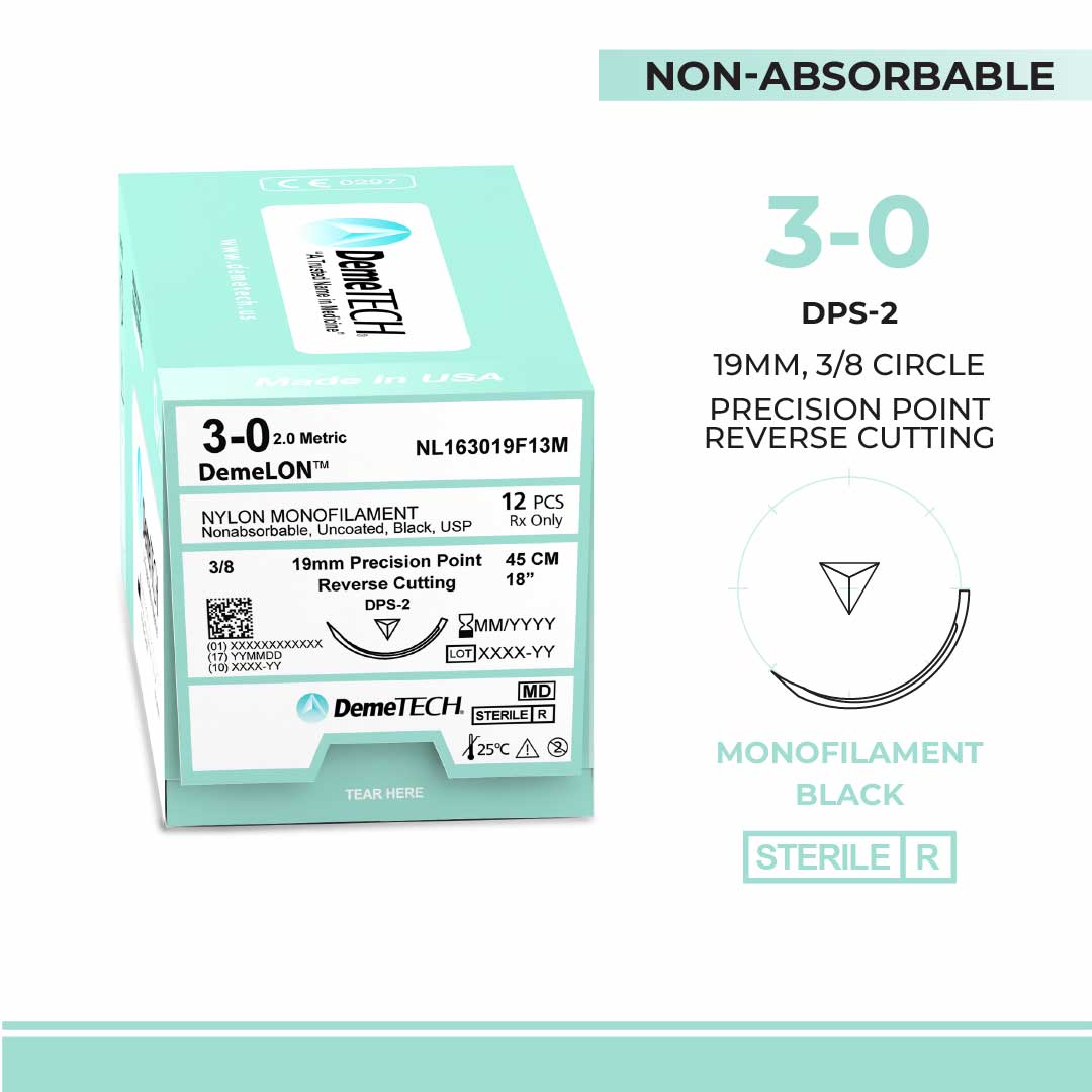 DemeTECH 18” Nylon Monofilament 3-0 Non-Absorbable DPS-2 Black Suture