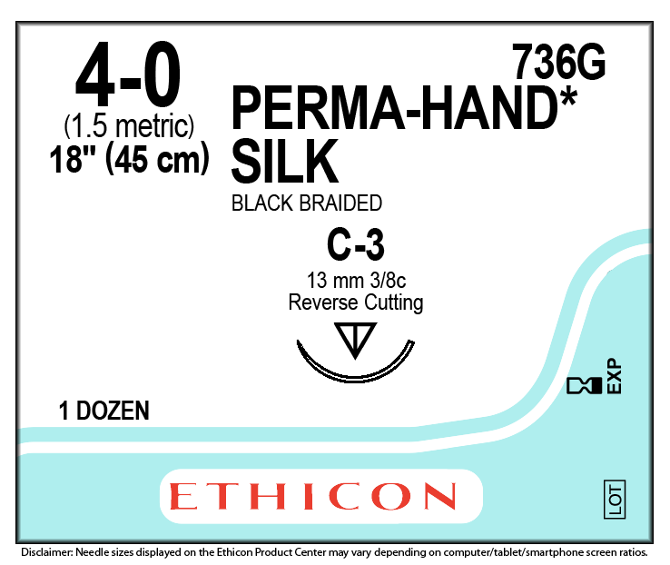 Ethicon 4-0, PERMAHAND® Silk Non-absorbable Suture, C-3, Reverse Cutting, Black, 18", (45cm) 12/Box | 736G