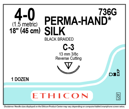 Ethicon 4-0, PERMAHAND® Silk Non-absorbable Suture, C-3, Reverse Cutting, Black, 18", (45cm) 12/Box | 736G